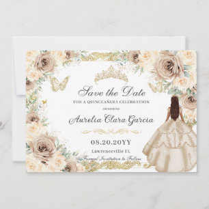 Reserva La Fecha Champán Crema Floral Dulce Dieciséis QUINCEAÑERA