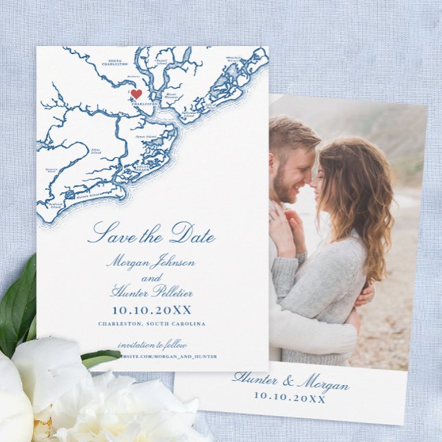 Reserva La Fecha Charleston SC Elegante Boda Azul de la Marina (Charleston SC Map Wedding Save the Date in Elegant Navy Blue from Coastal Map Designs)