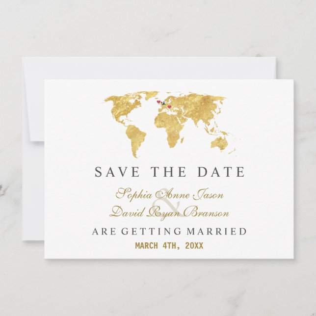 Reserva La Fecha Charm Destination Gold World Map Wedding (Anverso)
