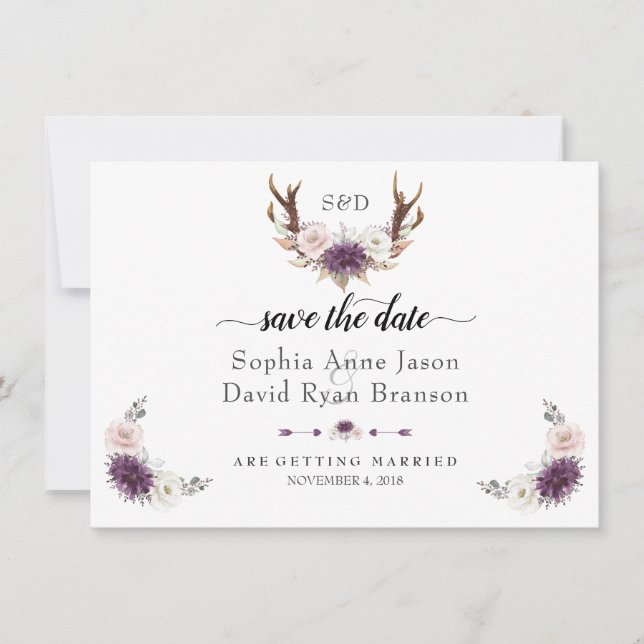 Reserva La Fecha Charm Pink Blush Floral Antlers Save The Date (Anverso)