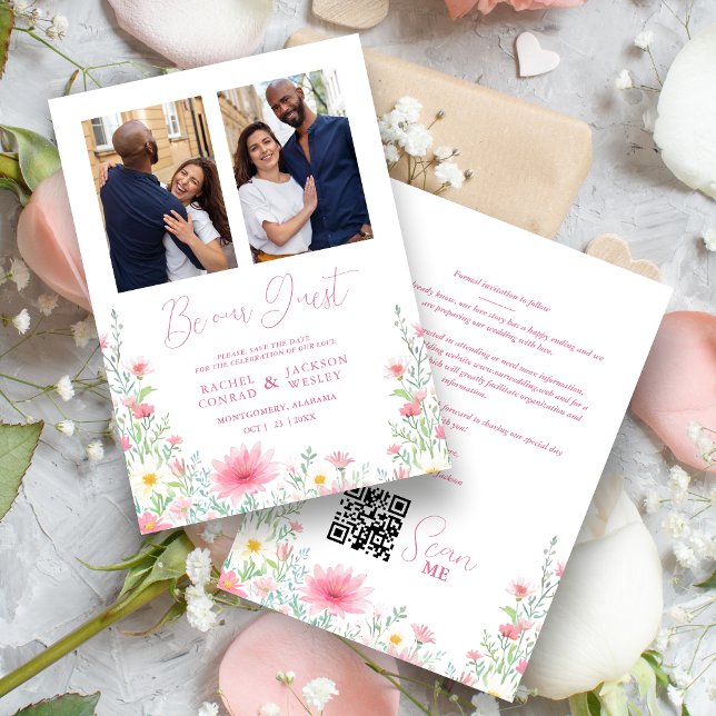 Reserva La Fecha Charming Delicate Pink Shades Wildflowers 2 Photos (Charming Delicate Pink Shades Wildflowers 2 Photos Collage Wedding Save the Date Card with Envelope.)