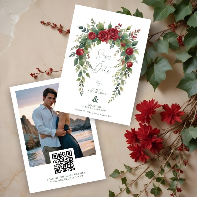 Reserva La Fecha Charming Exquisite Burgundy Roses & Leaves Garland (Charming Exquisite Burgundy Roses & Leaves Garland Wedding Save the Dates Cards with Photo.)
