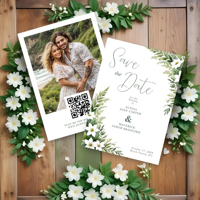 Reserva La Fecha Charming Exuberant Green Foliage Garland Wedding (Charming Exuberant Green Foliage Leaves Garland Wedding Save the Dates Cards with Photo and QR Code.)