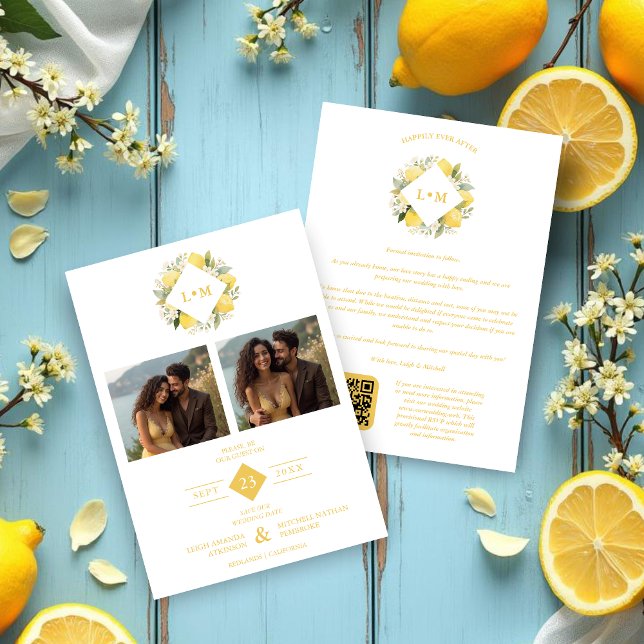 Reserva La Fecha Charming Romantic Cluster Lemons Initials 2-Photos (Charming Romantic Lemon Clusters with Initials and Two Photos Wedding Save the Date Cards.)