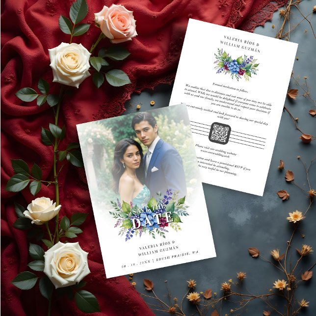 Reserva La Fecha Charming Romantic Floral & Transparency Overlay (Charming Romantic Floral & Transparency Overlay Wedding Save the Date Cards with Photo and QR Code.)
