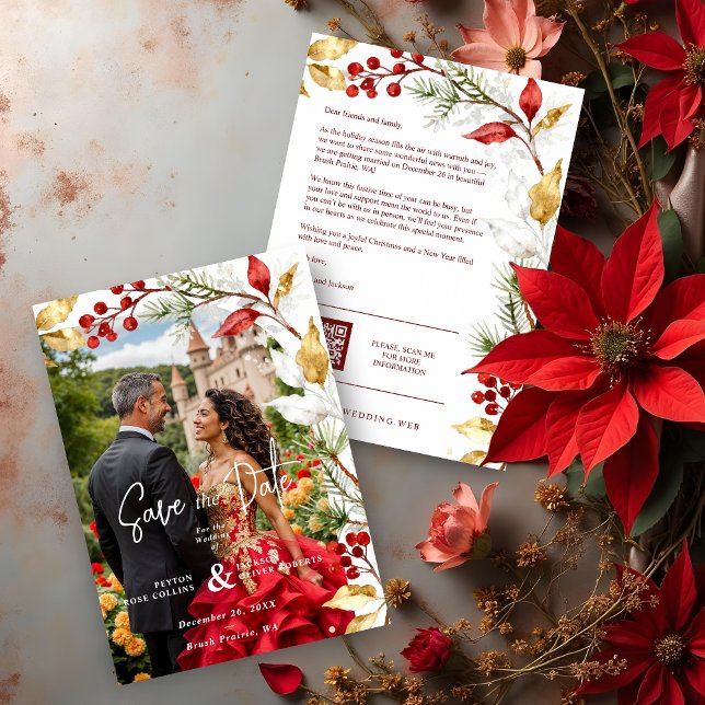 Reserva La Fecha Charming Winter Christmas Botanical Frame Wedding (Charming Winter Christmas Botanical Frame Wedding Save the Dates Cards with Photo & Modern QR Code.)