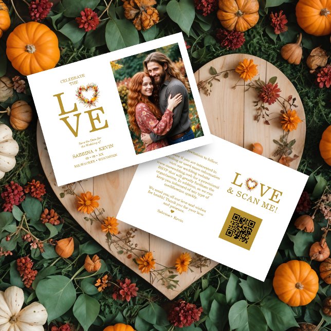 Reserva La Fecha Cherish Exquisite Love Quote Fall Floral Heart (Cherish Exquisite Love Quote Fall Floral Heart-Shape Wreath Photo Wedding Save the Dates Cards.)