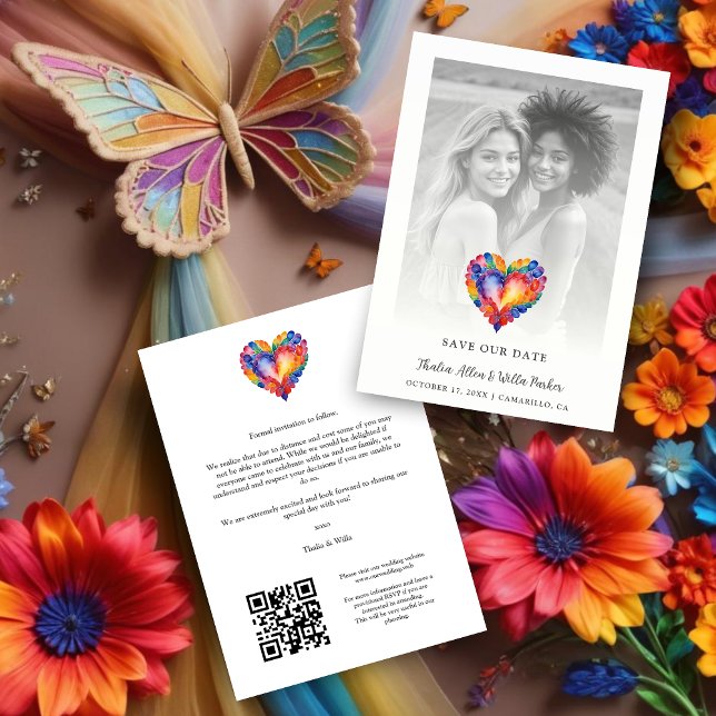 Reserva La Fecha Cherish Modern Pride Rainbow Heart Photo Wedding (Cherish Modern Pride Rainbow Colors Heart Photo Wedding with Transparency Save the Dates Cards.)