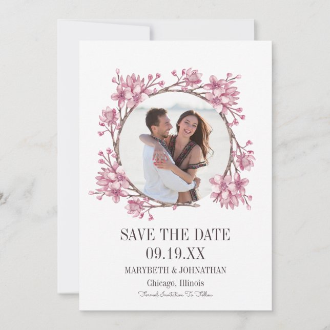 Reserva La Fecha Cherry Blossom Floral Wreath Photo Save the Date (Anverso)