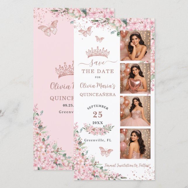 Reserva La Fecha Cherry Blossoms Rose Gold Photo Booth Quinceanera (Anverso / Reverso)
