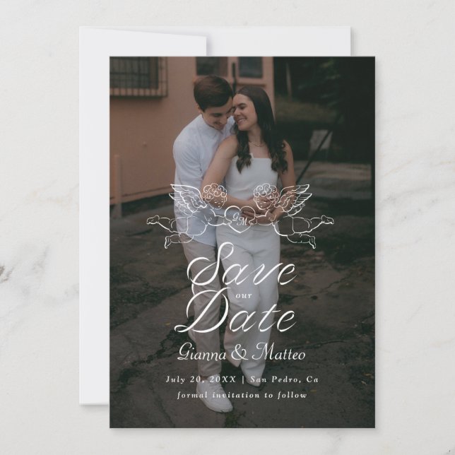 Reserva La Fecha Cherub Cupid Couple Holding Heart Wedding Photo (Anverso)