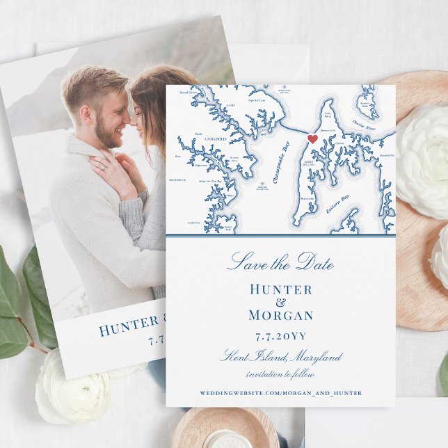 Reserva La Fecha Chesapeake Bay Beach Club Elegante foto de la Mari (Chesapeake Bay Beach Club save the date in elegant navy blue from Coastal Map Designs)