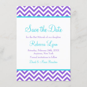 Reserva La Fecha Chevron Morado Verde azulado Blue Bat Mitzvah Salv