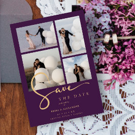 Reserva La Fecha Chic 4 Multi Photos Collage Wedding Purple & Gold 