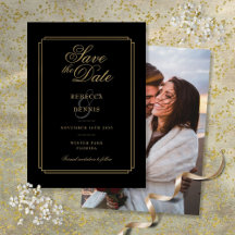 Chic Boda Foto Arte Deco Negro y Dorado