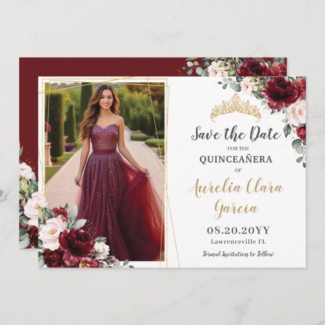 Reserva La Fecha Chic Burgundy Blush Pink Floral Quinceanera Photo (Anverso / Reverso)