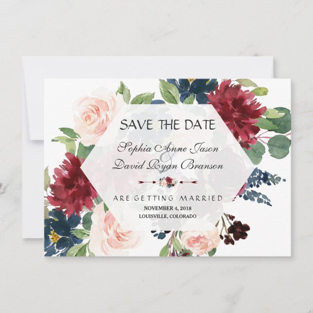 Reserva La Fecha Chic Burgundy Floral Hexágono Save The Date (Anverso)