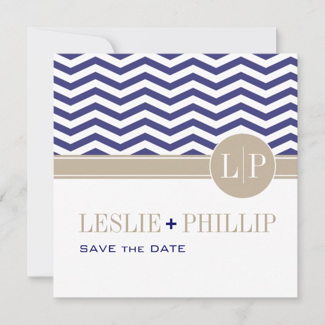 Reserva La Fecha Chic Chevron Monogram Save the Date | azul marino (Anverso)