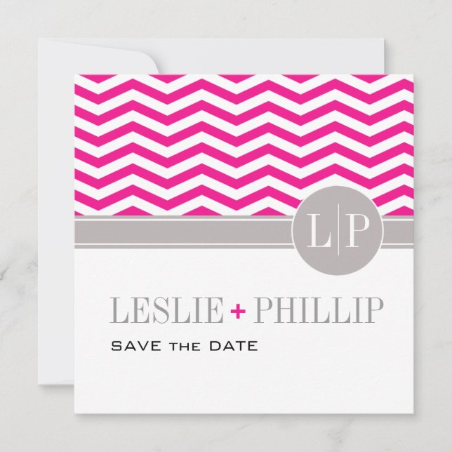 Reserva La Fecha Chic Chevron Monogram Save the Date | fucsia (Anverso)