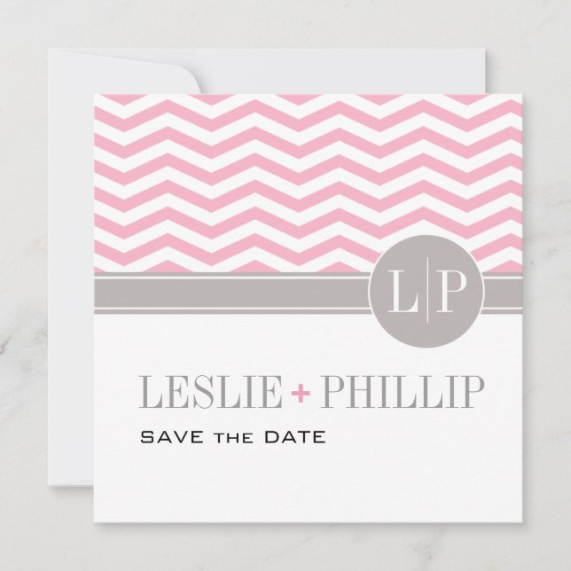 Reserva La Fecha Chic Chevron Monogram Save the Date | rosa (Anverso)