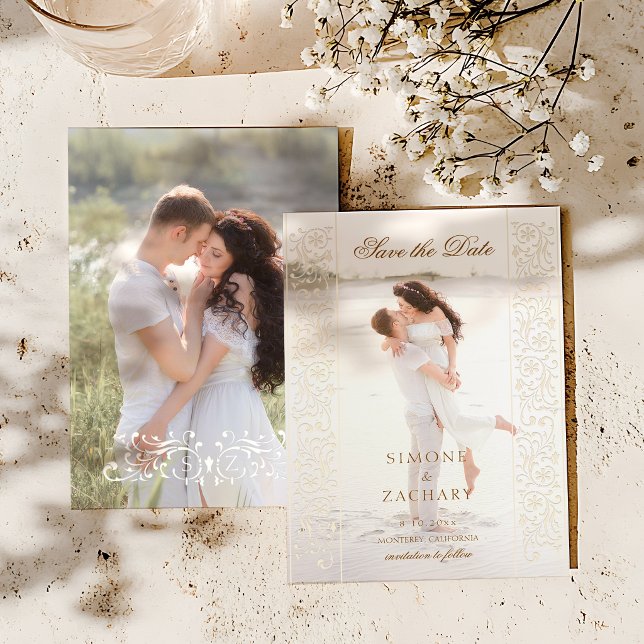 Reserva La Fecha Chic Ecru Scrollwork Photo Wedding Save the Date (Subido por el creador)