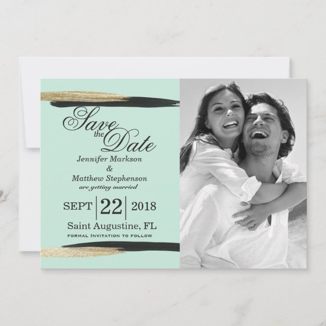 Reserva La Fecha Chic Elegante Falsas Pinceladas de Oro y Negro (Anverso)