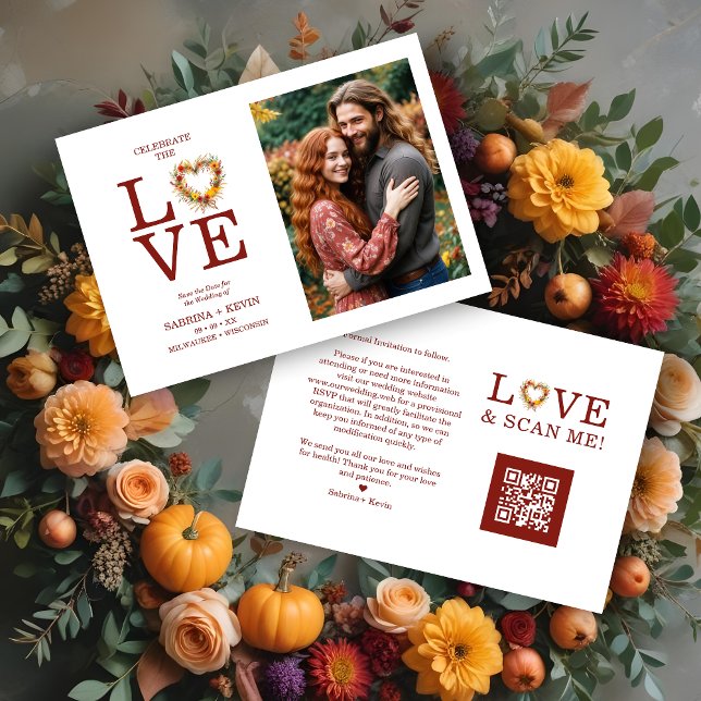 Reserva La Fecha Chic Exquisite Love Quote Fall Floral Heart-Shape  (Chic Exquisite Love Quote Fall Floral Heart-Shape Wreath Photo Wedding Save the Dates Cards.)