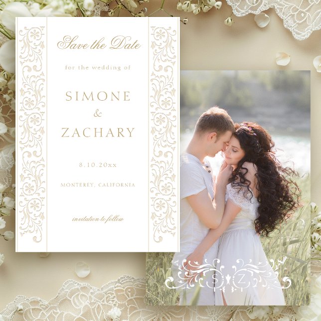 Reserva La Fecha Chic Formal Ecru Scrollwork Border Wedding (Subido por el creador)