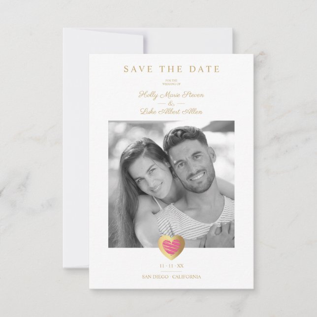 Reserva La Fecha Chic Hot Pink & Gold Heart Photo Couple Wedding (Anverso)