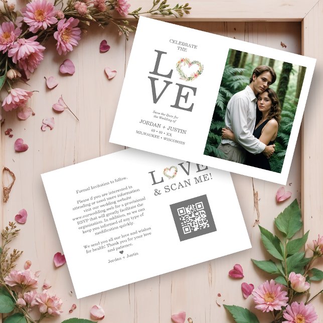 Reserva La Fecha Chic Love Quote Pink Floral Heart-Shape Wreath (Chic Exquisite Love Quote Pink Floral Heart-Shape Wreath Save the Dates Cards.)