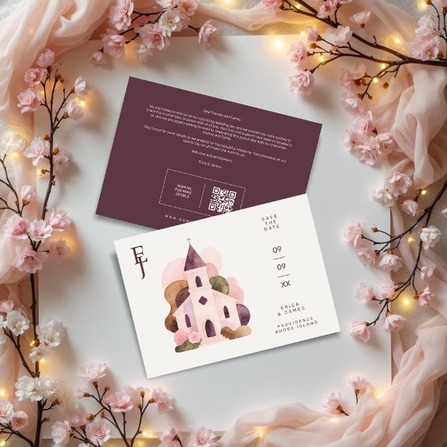 Reserva La Fecha Chic Lovely Rustic Pink Tones Church Wedding (Chic Lovely Rustic Pink Tones Church Illustration Wedding Save the Date with Initials and Back QR.)