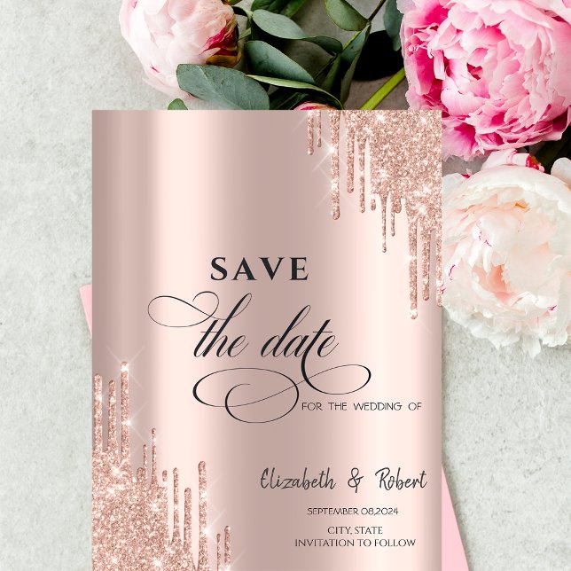 Reserva La Fecha Chic Lujo Rosa Dorado Brillo Gotea Guarda La Fecha (Subido por el creador)