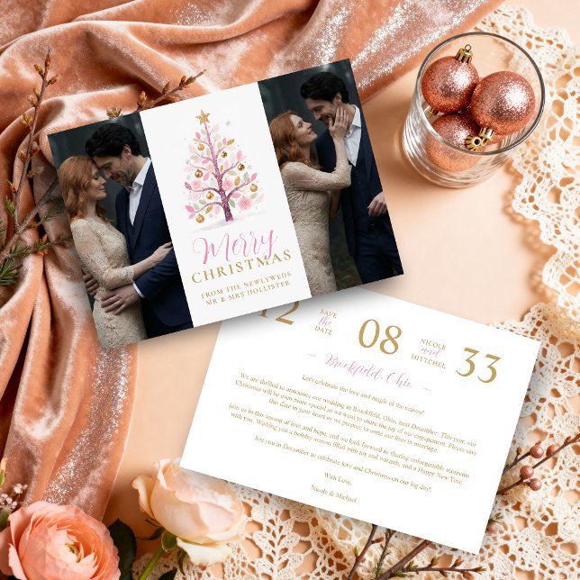 Reserva La Fecha Chic Modern Wedding Pink Christmas Tree 2-Photos (Chic Modern Wedding Pink Christmas Tree 2-Photos in Faux Gold Holiday Cards Save the Date Cards. )
