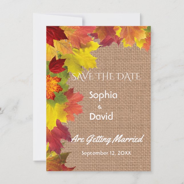 Reserva La Fecha Chic Otoño Hojas Arpillera Boda GUARDAR LA FECHA (Anverso)