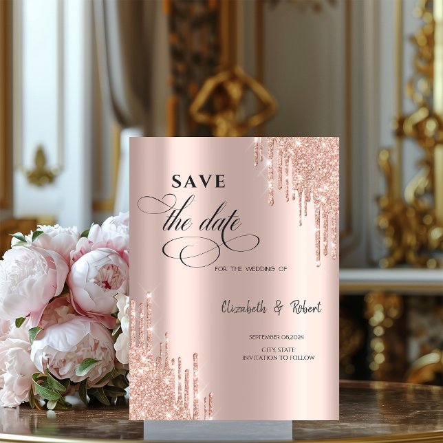 Reserva La Fecha Chic Rosa Dorado Glitter Drips Save The Date (Subido por el creador)
