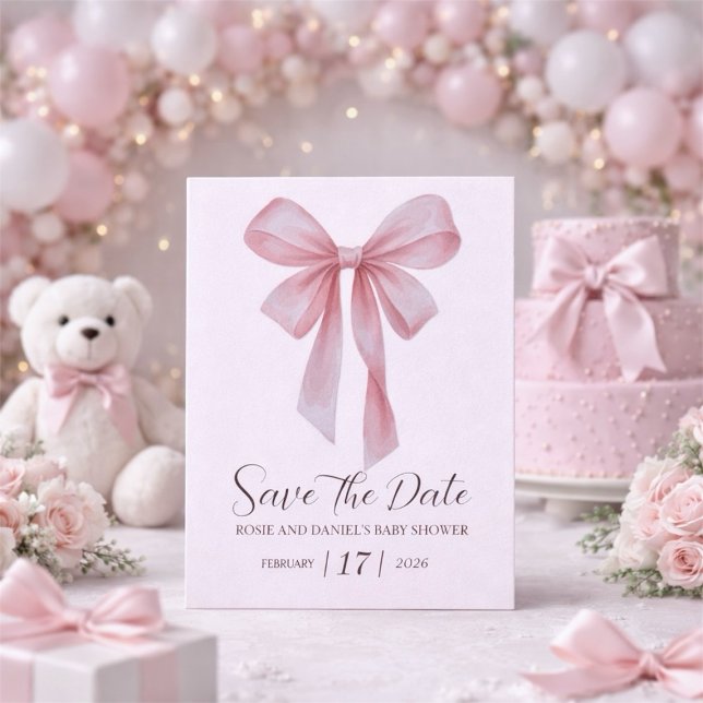 Reserva La Fecha Chica de lazo rosa suave Baby Shower (Soft Pink Bow Girl Baby Shower Save The Date)