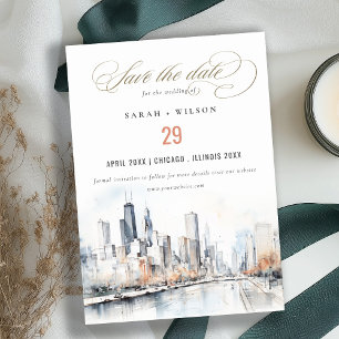 Reserva La Fecha Chicago, Illinois City Scape Watercolor Boda