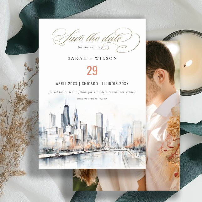 Reserva La Fecha Chicago, Illinois Scape Watercolor Photo Boda (Subido por el creador)