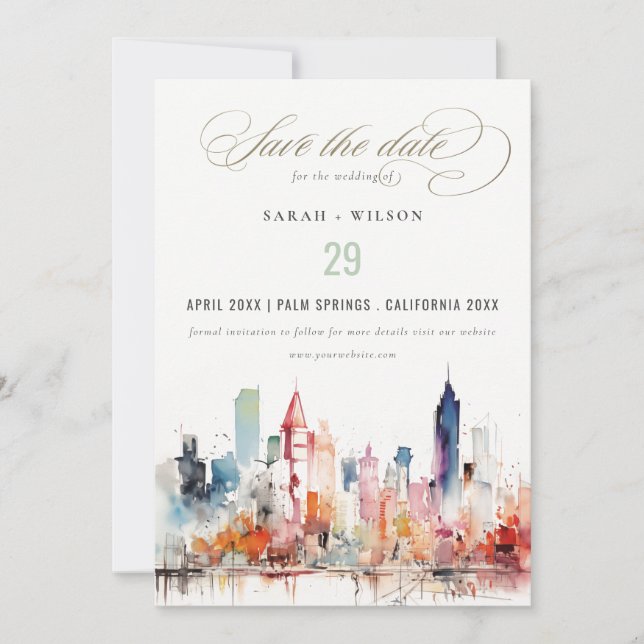 Reserva La Fecha Chicago Illinois Watercolor Landscape Wedding (Anverso)