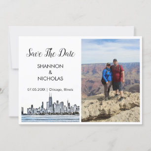 Reserva La Fecha Chicago Skyline Engagement Photo Save the Date