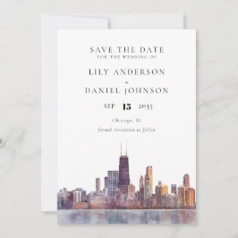 Reserva La Fecha Chicago Skyline Watercolor Destination Wedding