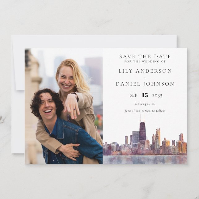 Reserva La Fecha Chicago Skyline Watercolor Photo Wedding (Anverso)
