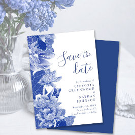 Reserva La Fecha Chinoiserie Blue White Lotus Floral Save the Date