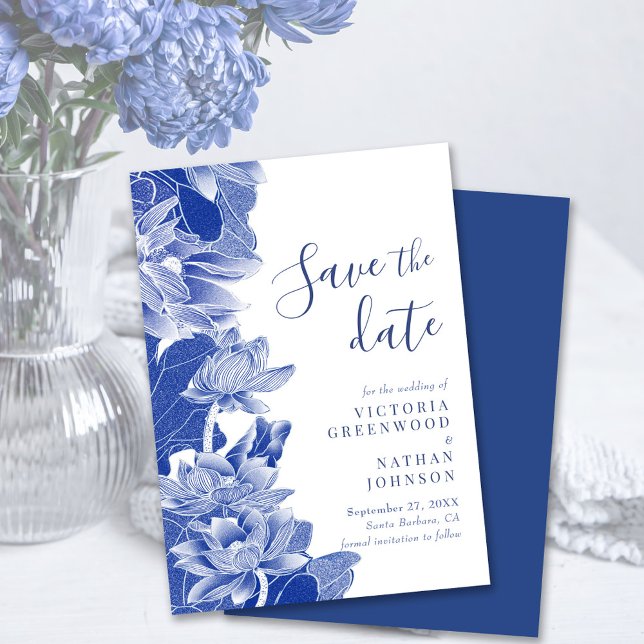 Reserva La Fecha Chinoiserie Blue White Lotus Floral Save the Date (Subido por el creador)