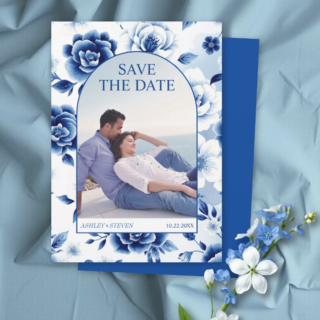 Reserva La Fecha Chinoiserie floral azul, foto de lavado acuático (Subido por el creador)