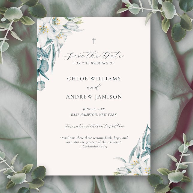 Reserva La Fecha Chloe Simple Elegante Verdor Boda cristiano (This Christian save the date wedding invitation features an elegant, minimalist, clean design)
