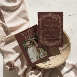 Reserva La Fecha Chocolate Marrón Beige Floral Foto Boda Elegante