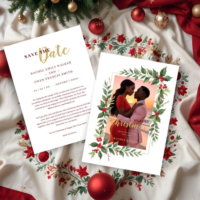 Reserva La Fecha Christmas Photo Wedding Leaves & Red Berries (Decorative Christmas Photo Frame with Green Leaves & Red Berries Christmas Card.)