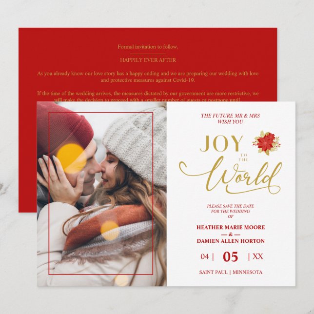 Reserva La Fecha Christmas Poinsettias Wreath Photo Wedding Couple (Anverso / Reverso)