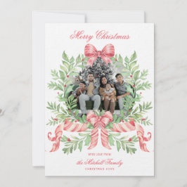 Reserva La Fecha Christmas Wreath Candy Cane Bow | Photo Card